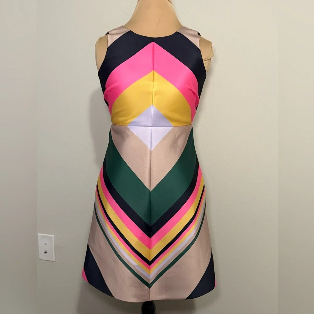 Colorblock Chevron A-Line Dress in Pink, Yellow & Green - Picture 2 of 7